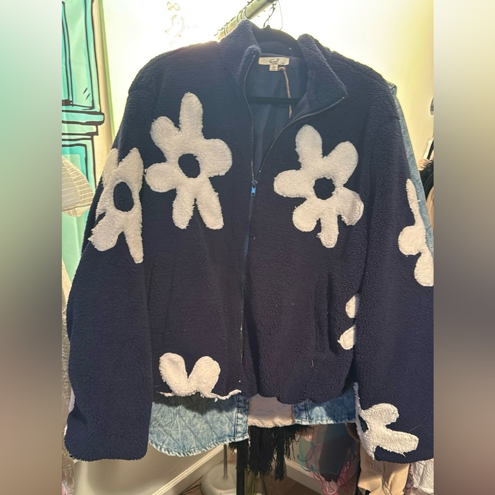 Easel Navy Teddy Jacket with White Daisy Appliqués
